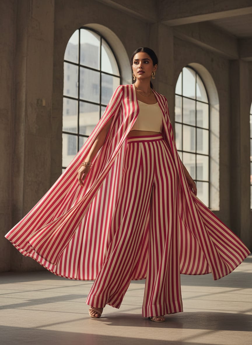 Pink and Cream Striped Pure Chinon Digital Printed Fabric