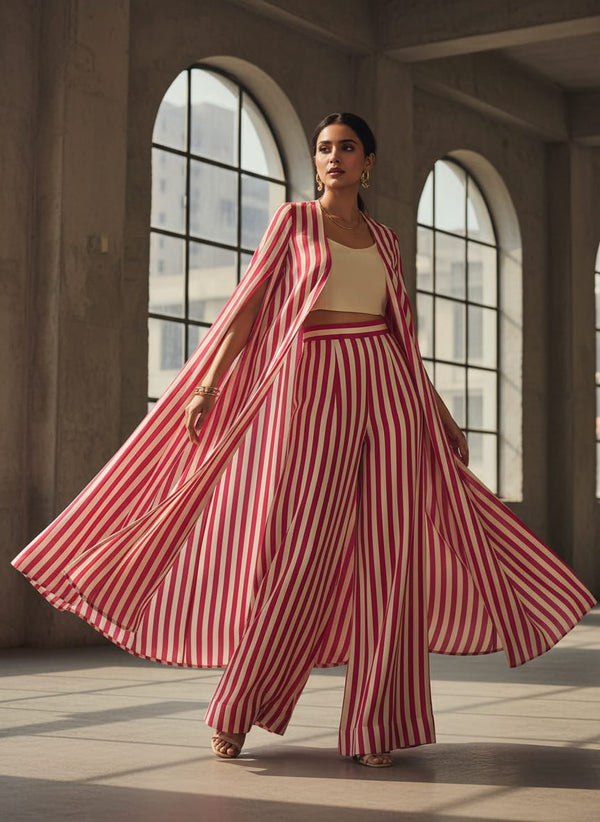 Pink and Cream Striped Pure Chinon Digital Printed Fabric - Cape with Palazzo Lookbook - PC-0-TA07543K-106 - alternate view