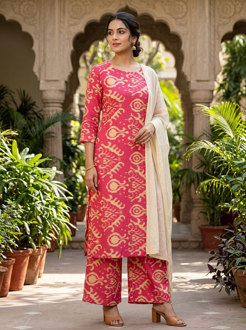 Pink Ethnic Ikat Style Pattern Muslin Digital Printed Fabric