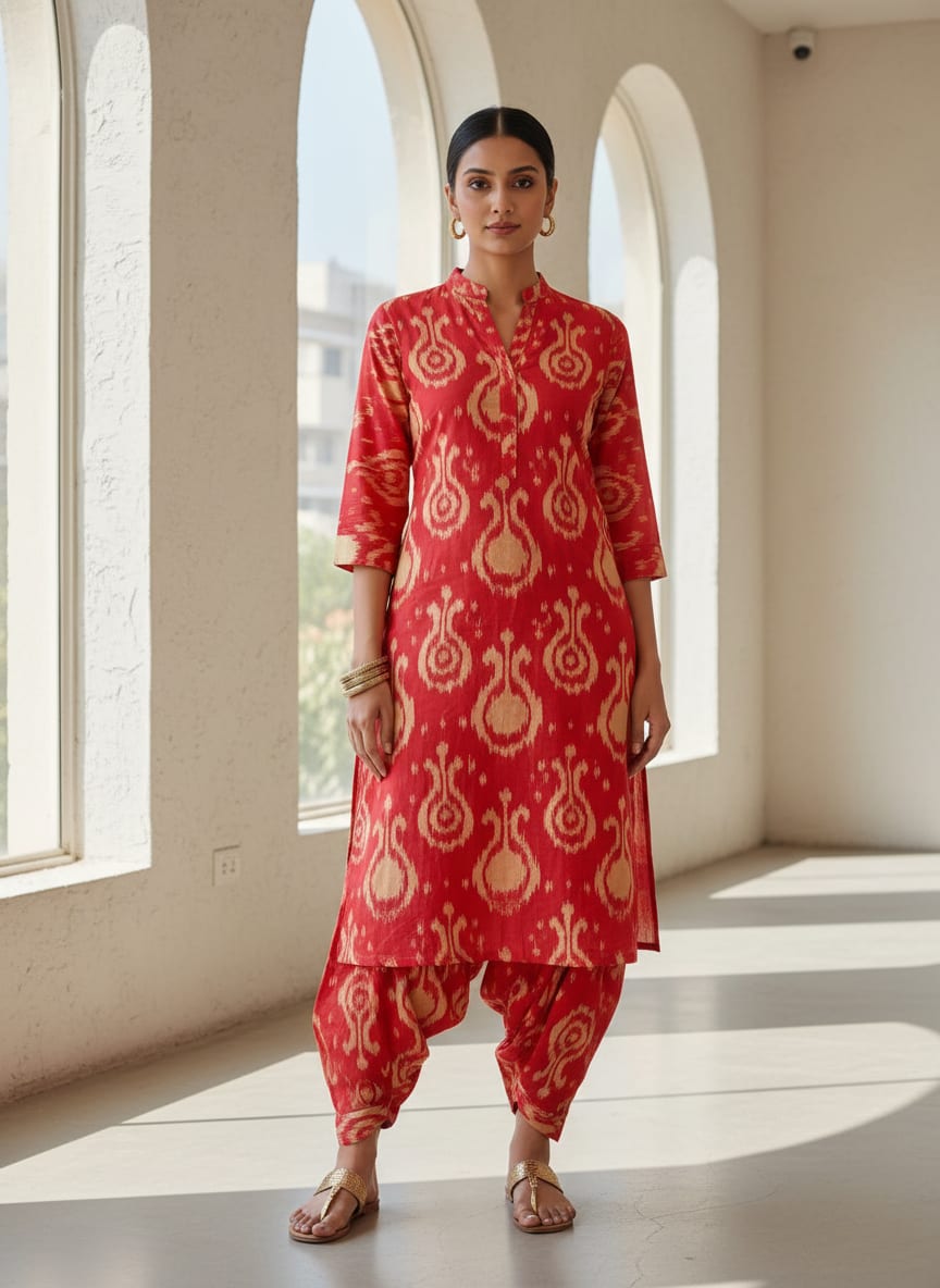 Tribal Prints On Carrot Red Digital Printed Fabric  - Pure Cotton