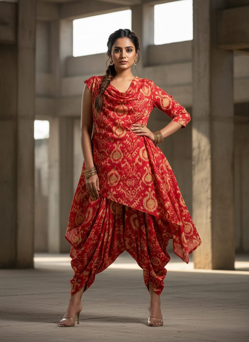 Tribal Prints On Carrot Red Digital Printed Fabric  - Pure Cotton