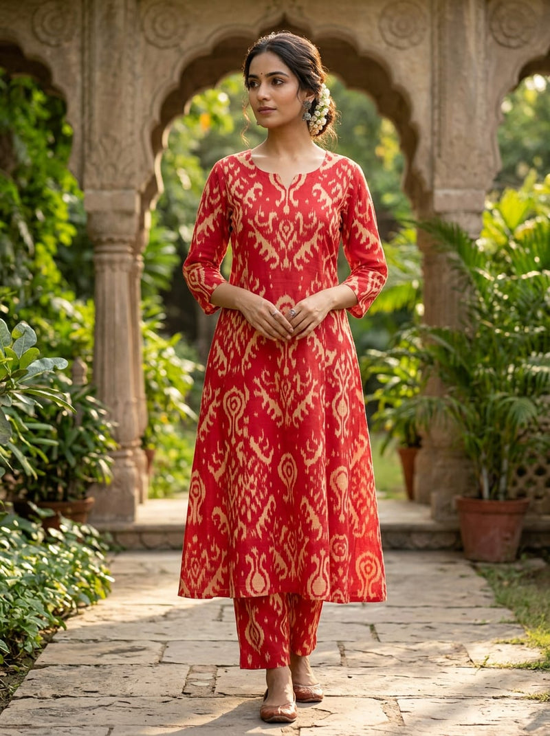 Red Ethnic Ikat Pattern Pure Cotton Digital Printed Fabric