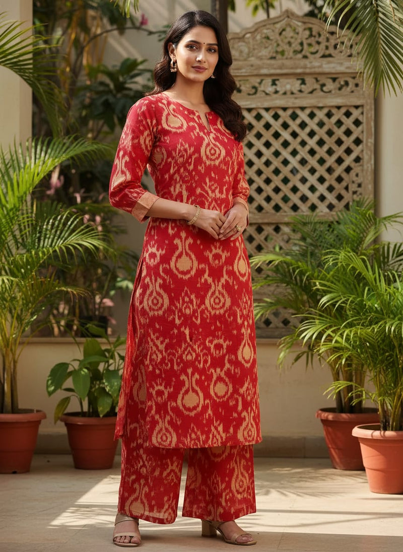 Tribal Prints On Carrot Red Digital Printed Fabric  - Pure Cotton