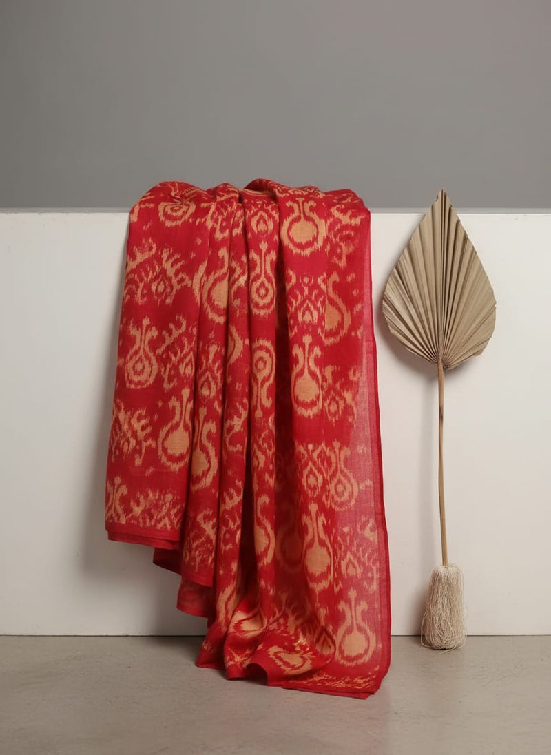 Tribal Prints On Carrot Red Digital Printed Fabric  - Pure Cotton