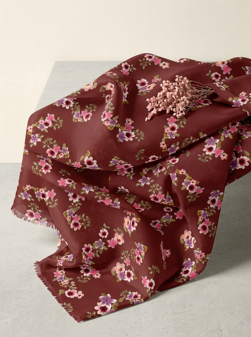 Maroon Dainty Floral Clusters Japan Satin Digital Printed Fabric