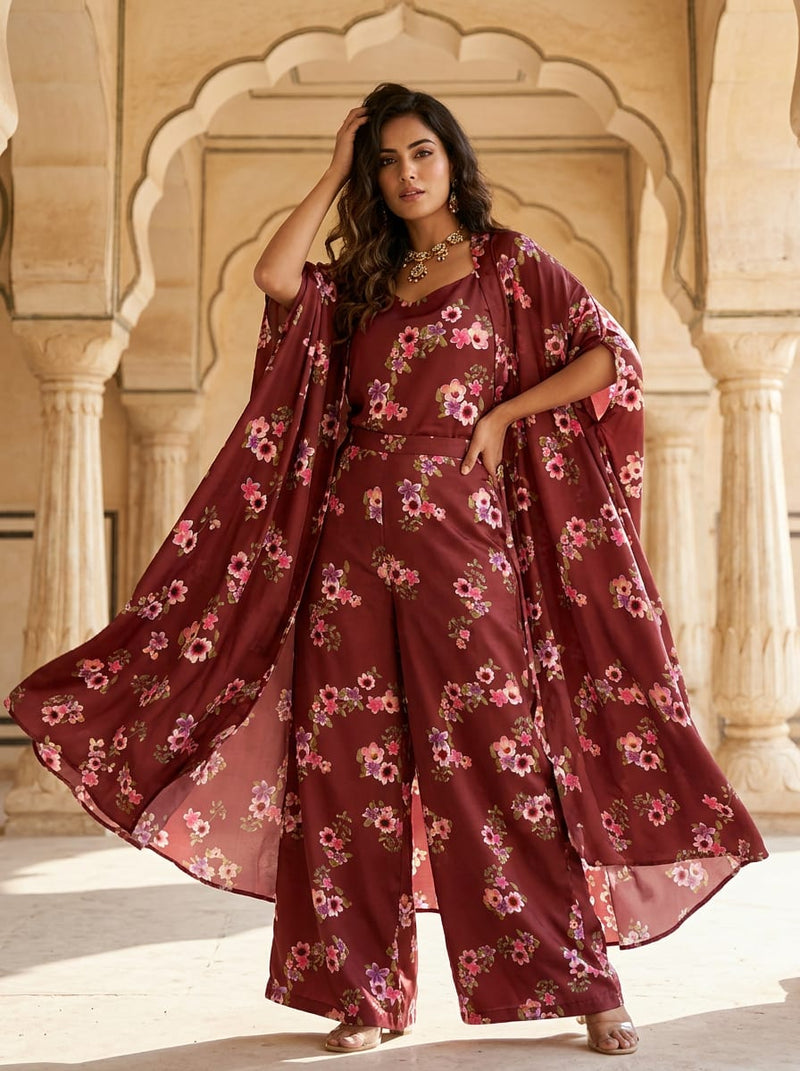 Maroon Dainty Floral Clusters Japan Satin Digital Printed Fabric
