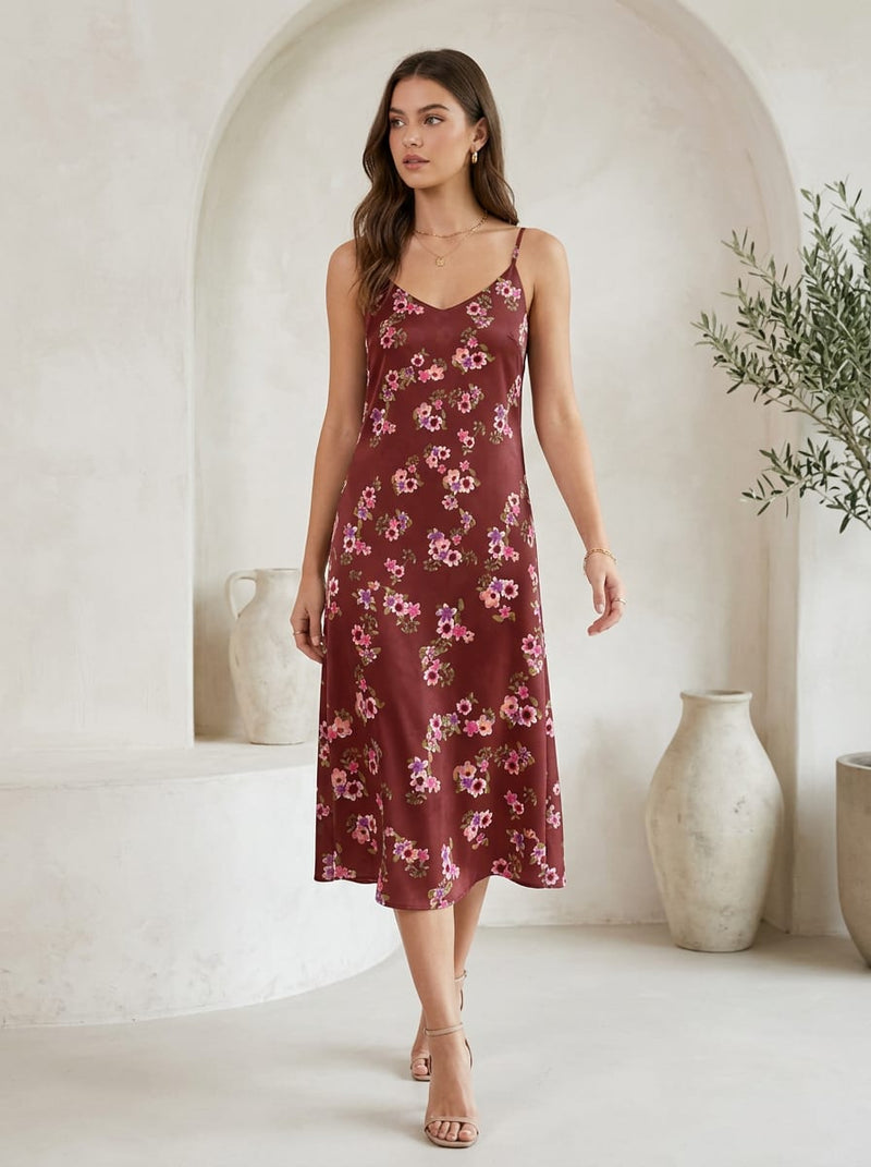 Maroon Dainty Floral Clusters Japan Satin Digital Printed Fabric