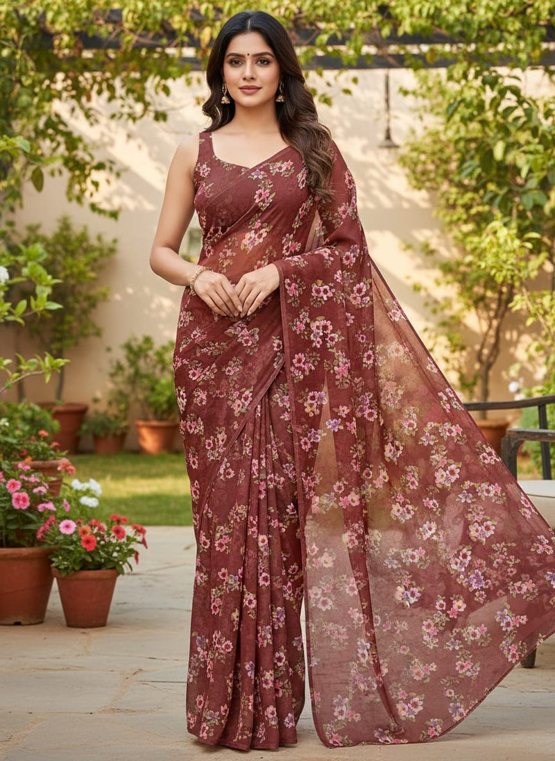 Floating Flowers With Marron Red Digital Printed Fabric - Kora Silk