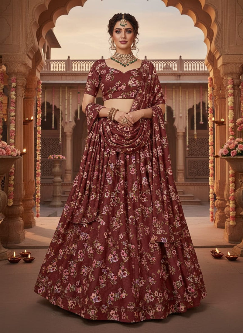 Floating Flowers With Marron Red Digital Printed Fabric - Kora Silk