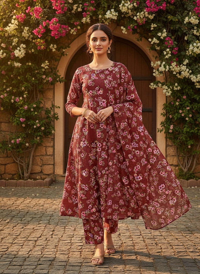 Floating Flowers With Marron Red Digital Printed Fabric - Kora Silk