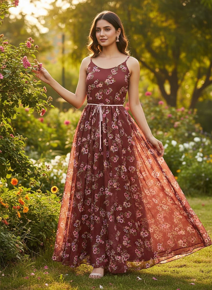 Floating Flowers With Marron Red Digital Printed Fabric - Pure Georgette