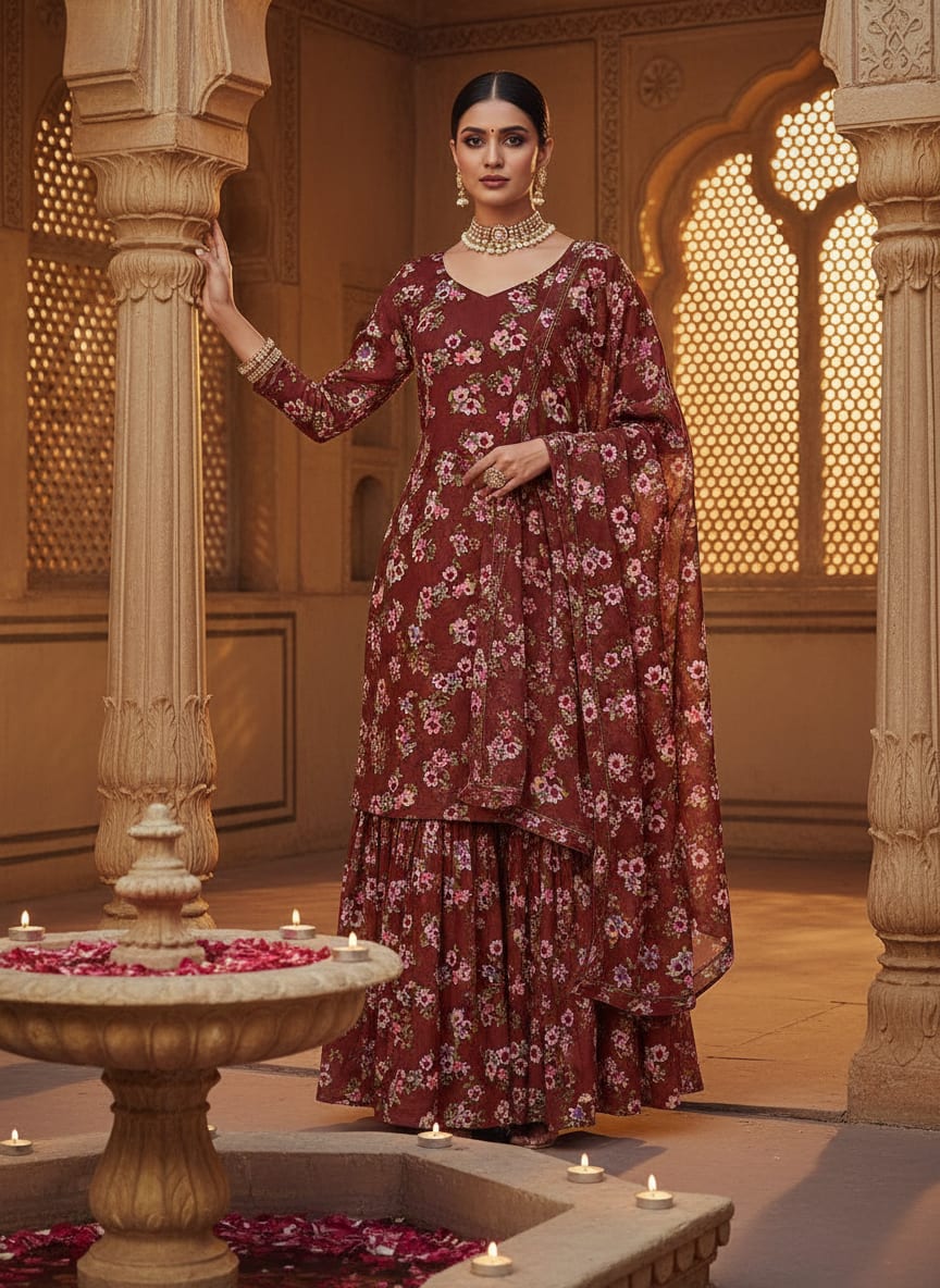 Maroon Ditsy Floral Bunches Pure Georgette Digital Printed Fabric