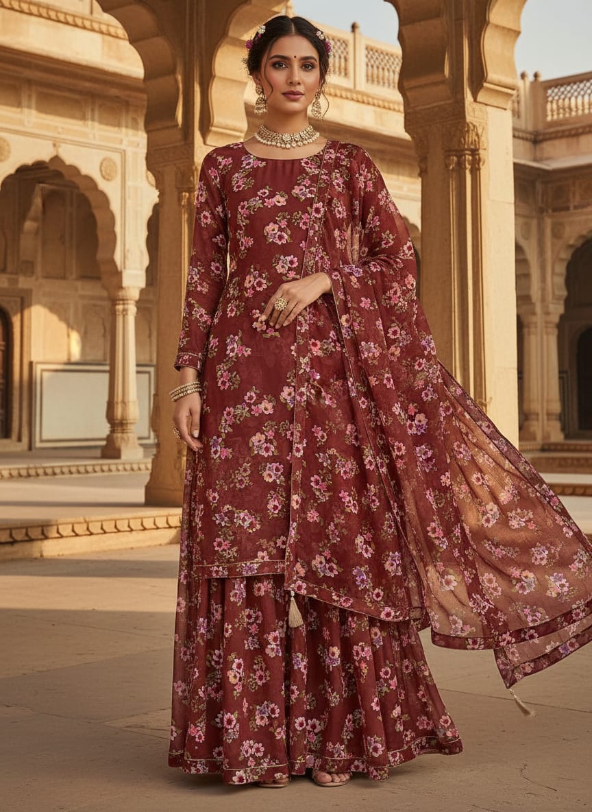 Floating Flowers With Marron Red Digital Printed Fabric - Pure Georgette