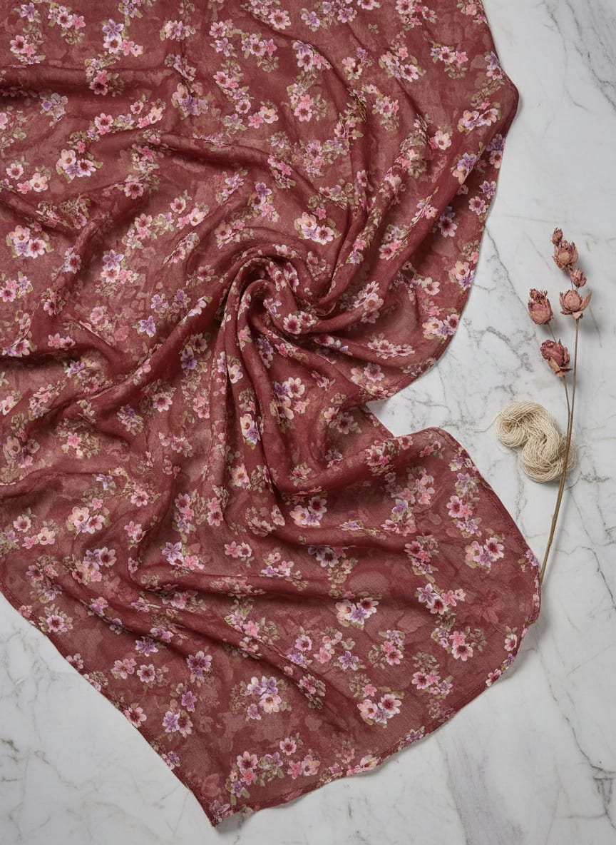 Maroon Ditsy Floral Bunches Pure Georgette Digital Printed Fabric