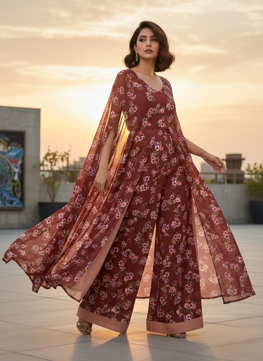 Maroon Ditsy Floral Bunches Pure Georgette Digital Printed Fabric
