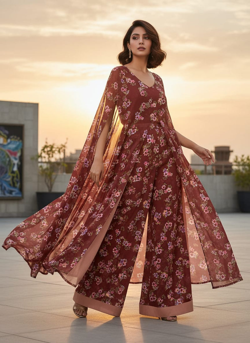 Floating Flowers With Marron Red Digital Printed Fabric - Pure Georgette