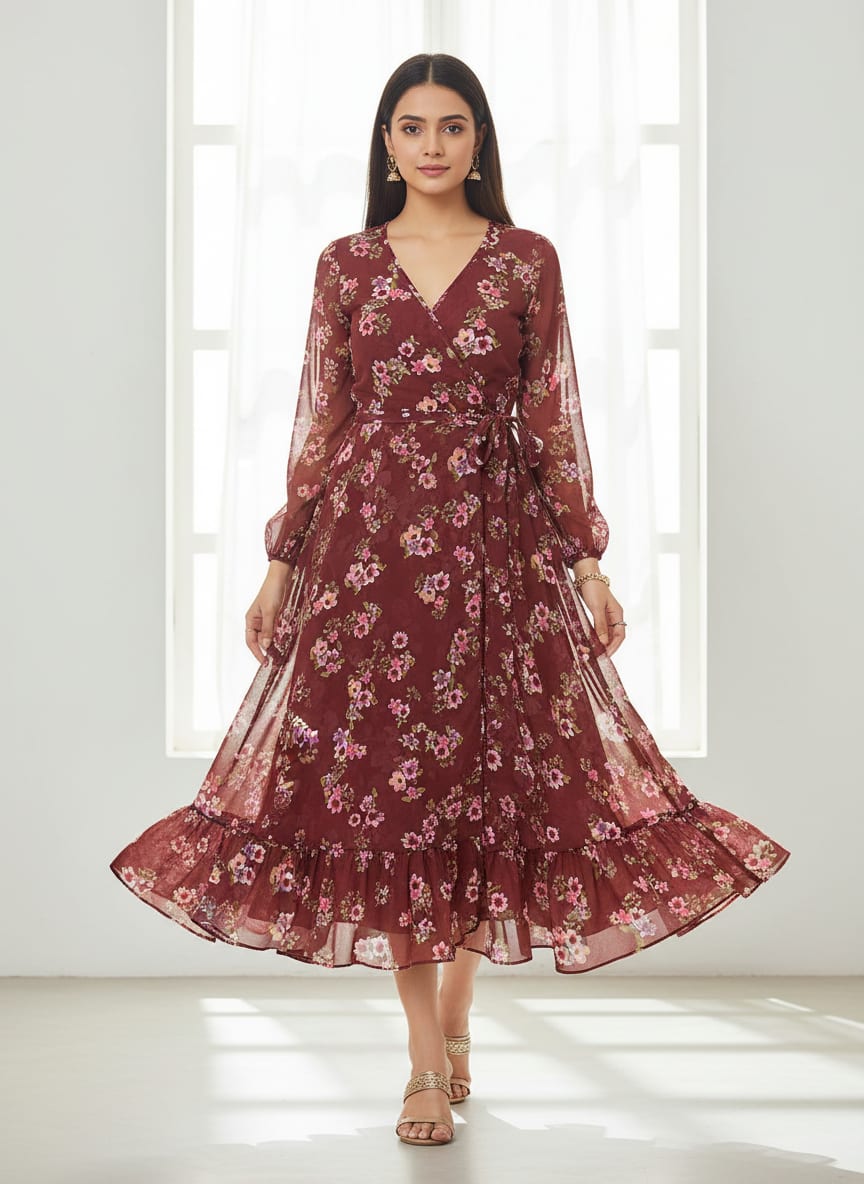 Maroon Ditsy Floral Bunches Pure Georgette Digital Printed Fabric