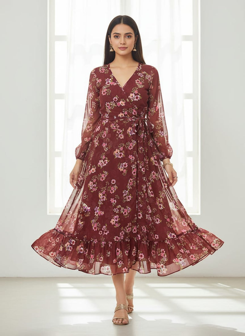 Maroon Ditsy Floral Bunches Pure Georgette Digital Printed Fabric