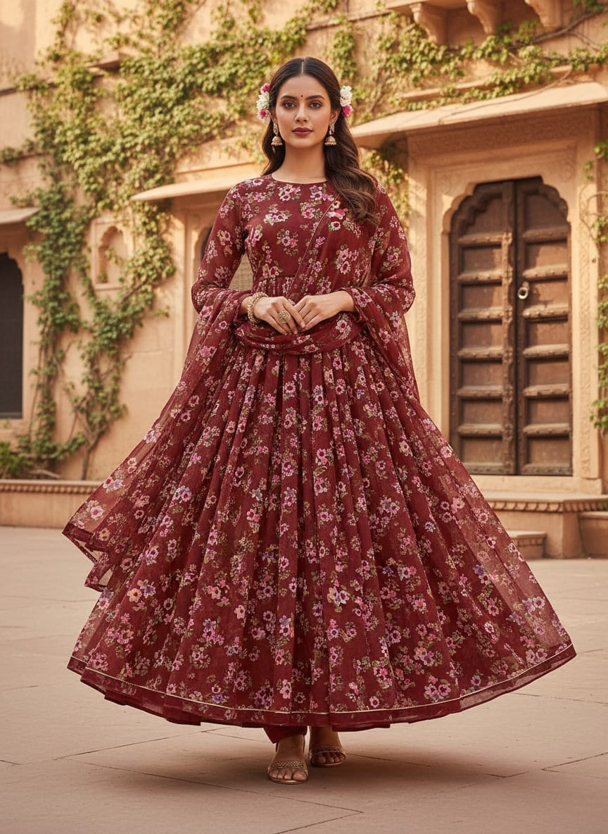 Maroon Ditsy Floral Bunches Pure Georgette Digital Printed Fabric