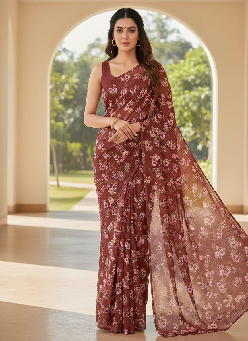 Maroon Ditsy Floral Bunches Pure Georgette Digital Printed Fabric