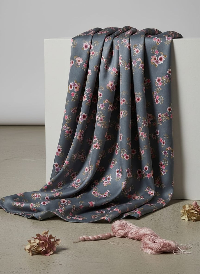 Grey Dainty Floral Print Japan Satin Digital Printed Fabric