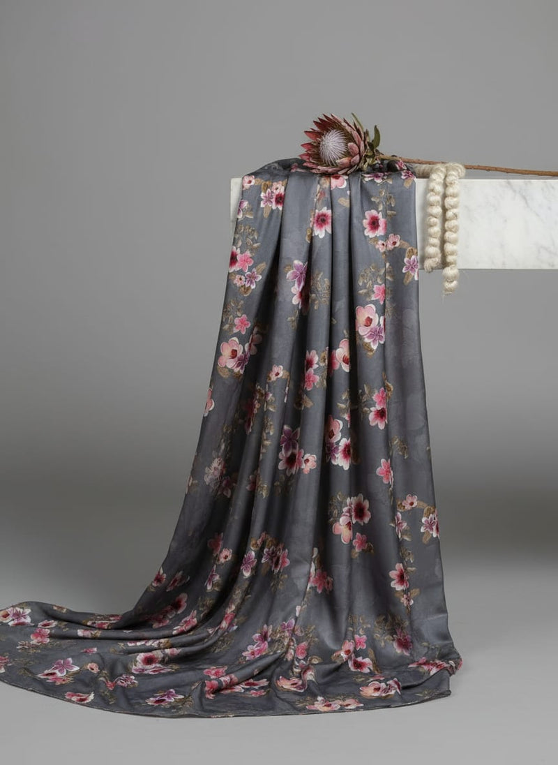 Tiny Flowers With Metal Grey Digital Printed Fabric - Kora Silk