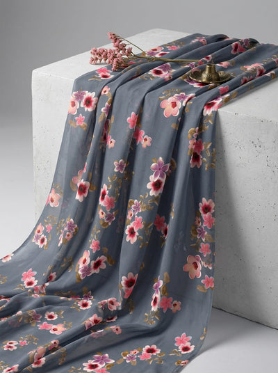 Grey Ditsy Pink Floral Clusters Weightless Digital Printed Fabric