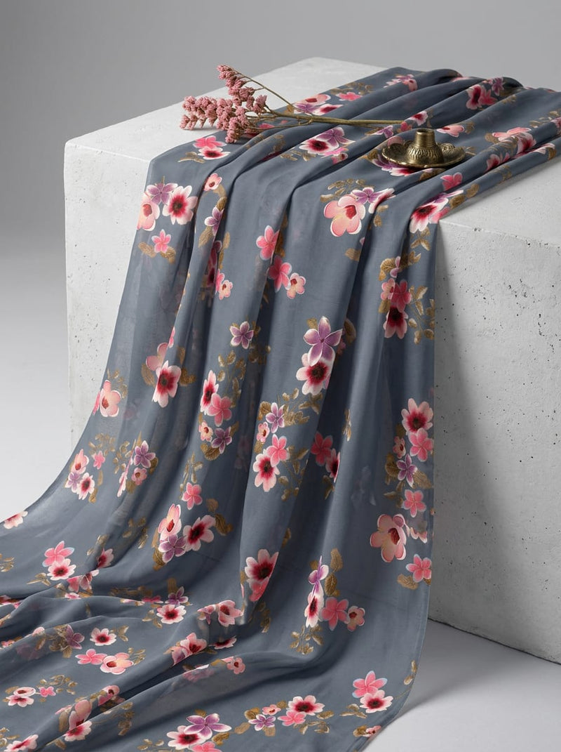 Grey Ditsy Pink Floral Clusters Weightless Digital Printed Fabric