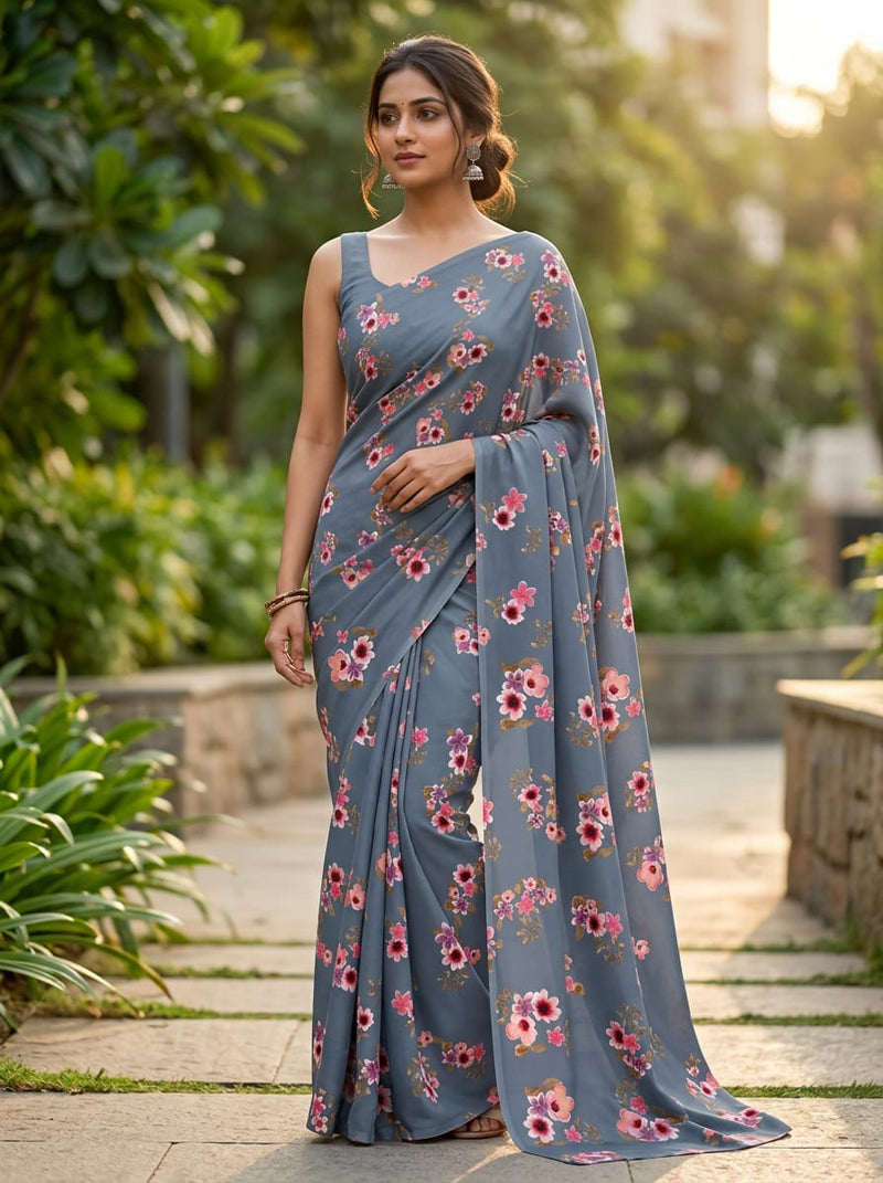 Grey Ditsy Floral Bunches Upada Silk Digital Printed Fabric