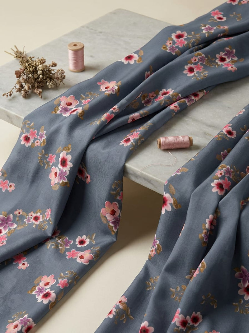 Grey Ditsy Floral Bunches Upada Silk Digital Printed Fabric