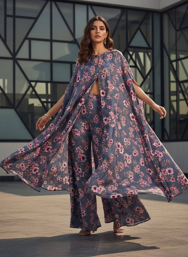 Pinkish Flowers With Neavy Blue Digital Printed Fabric - Japan Satin
