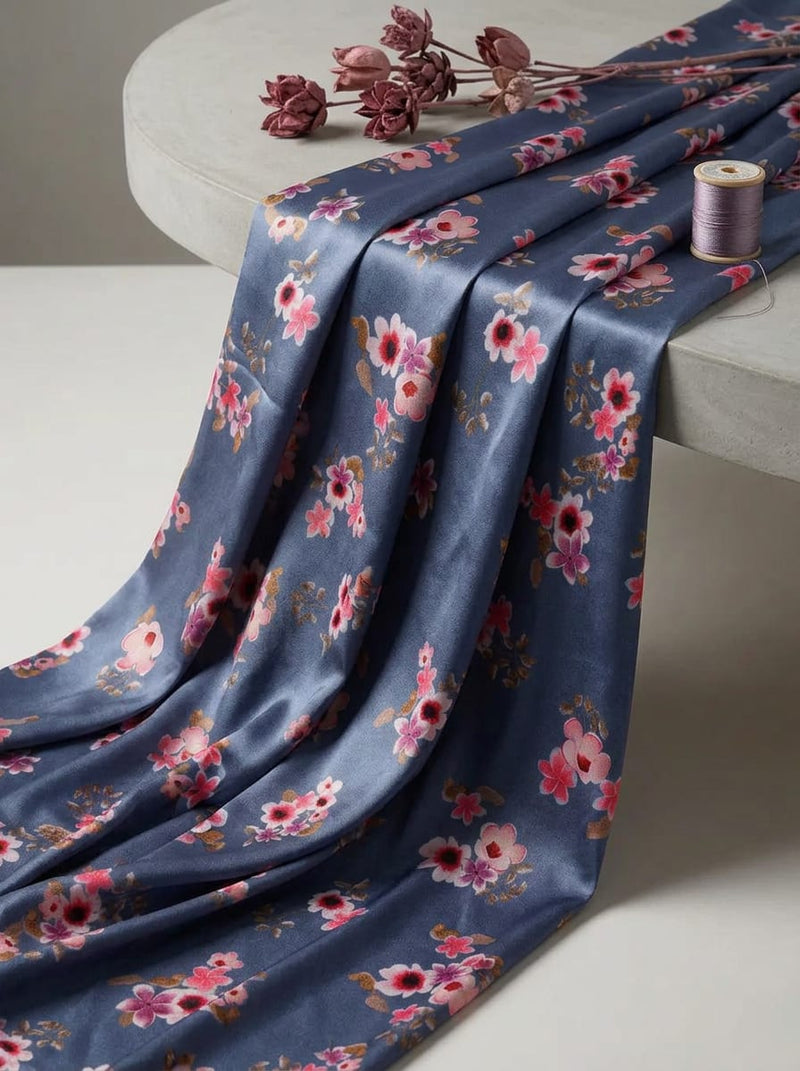 Grey Small Floral Blossom Japan Satin Digital Printed Fabric
