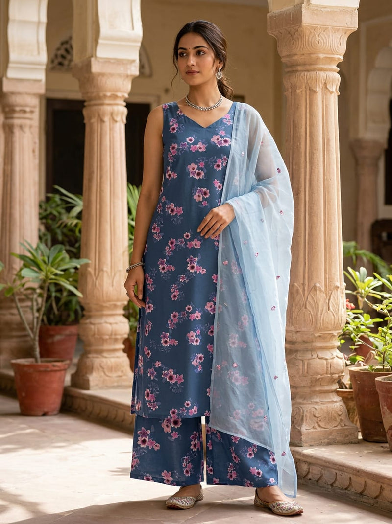 Navy Ditsy Floral Bouquets Pure Cotton Digital Printed Fabric