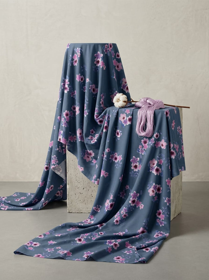 Navy Ditsy Floral Bouquets Pure Cotton Digital Printed Fabric