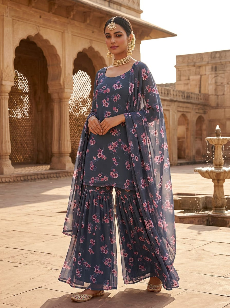 Blue Ditsy Floral Clusters Pure Georgette Digital Printed Fabric