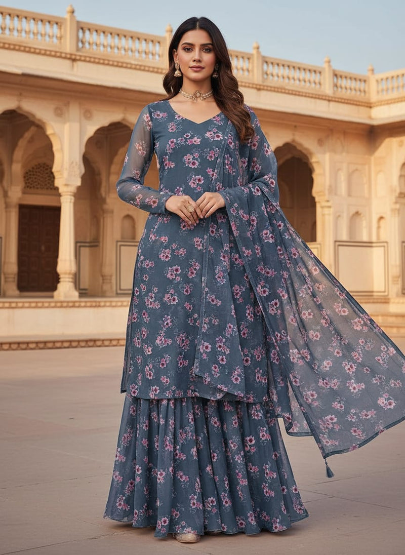 Blue Ditsy Floral Clusters Pure Georgette Digital Printed Fabric
