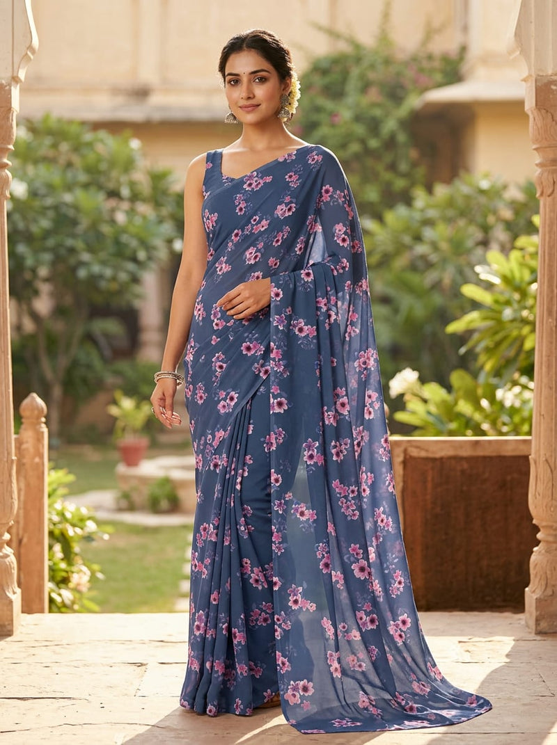 Blue Ditsy Floral Clusters Pure Georgette Digital Printed Fabric