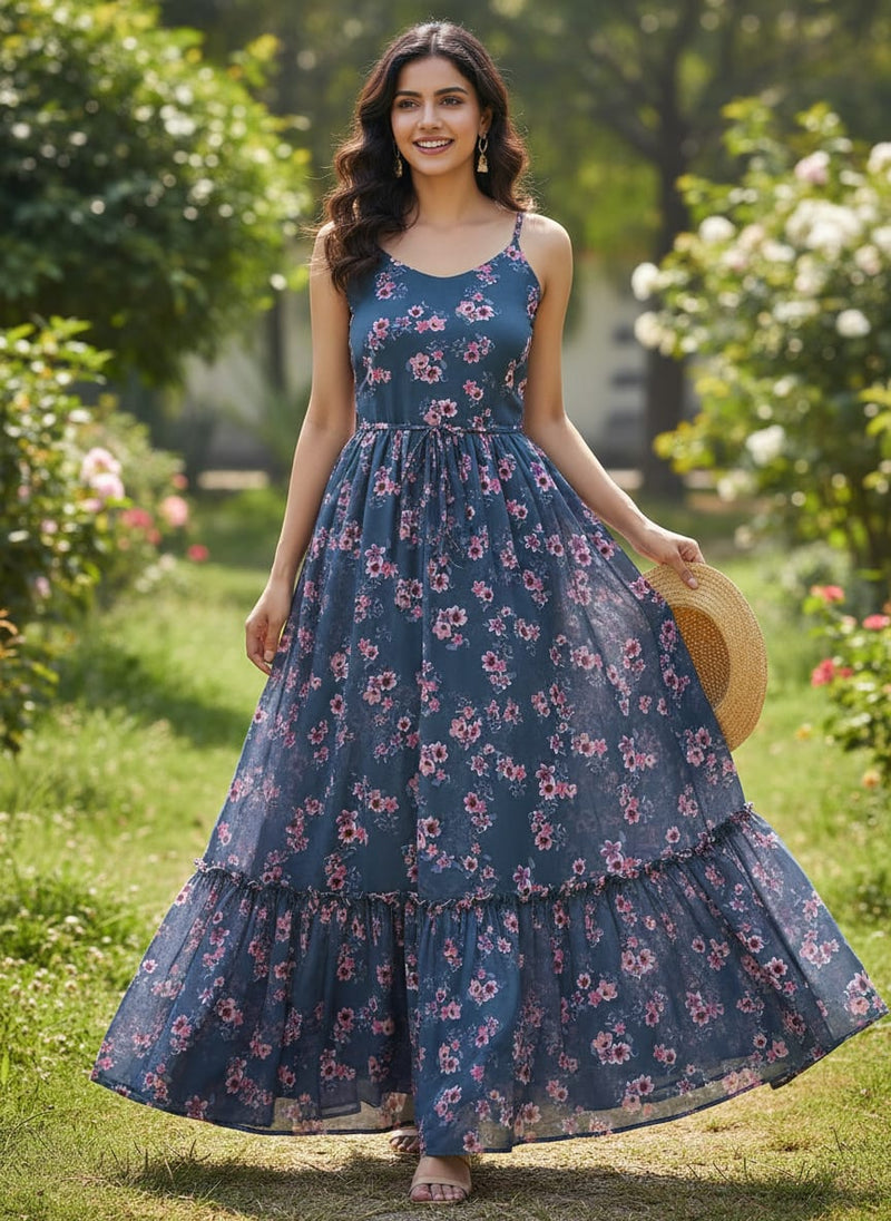 Pinkish Flowers With Neavy Blue Digital Printed Fabric - Pure Georgette