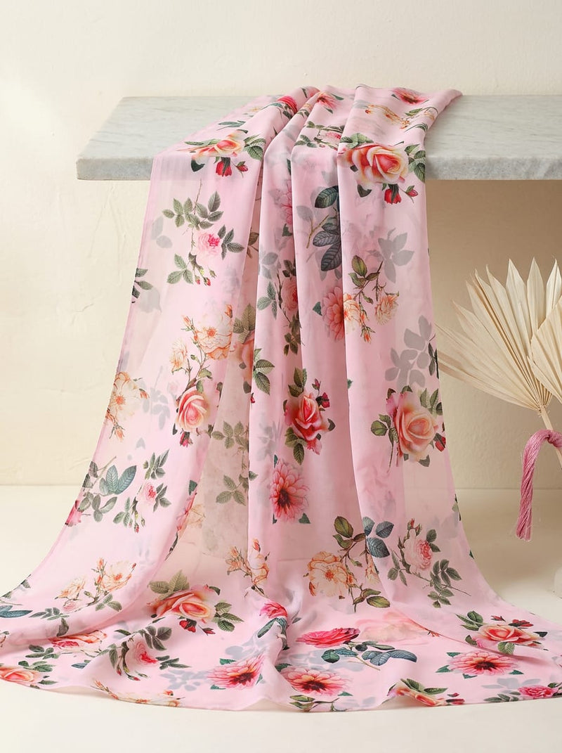 Pink Vintage Rose Garden Floral Weightless Digital Printed Fabric