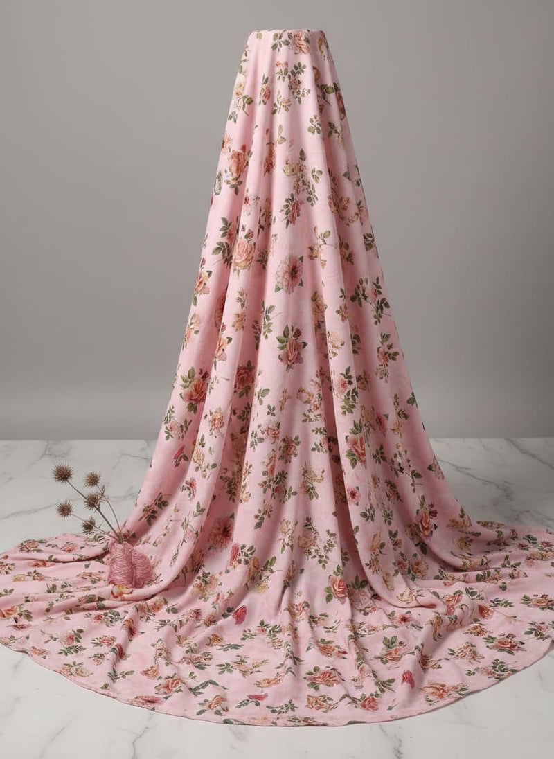 Pink And Peach Roses Allover Digital Printed Fabric - Muslin