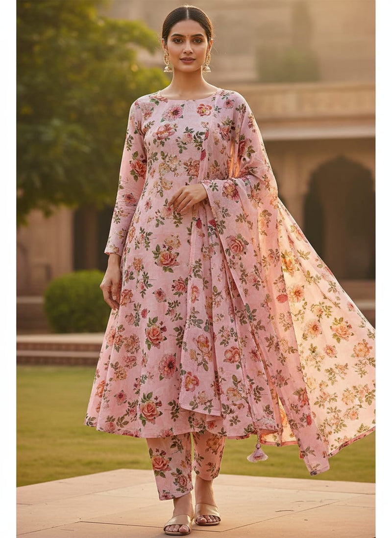 Pink And Peach Roses Allover Digital Printed Fabric - Muslin