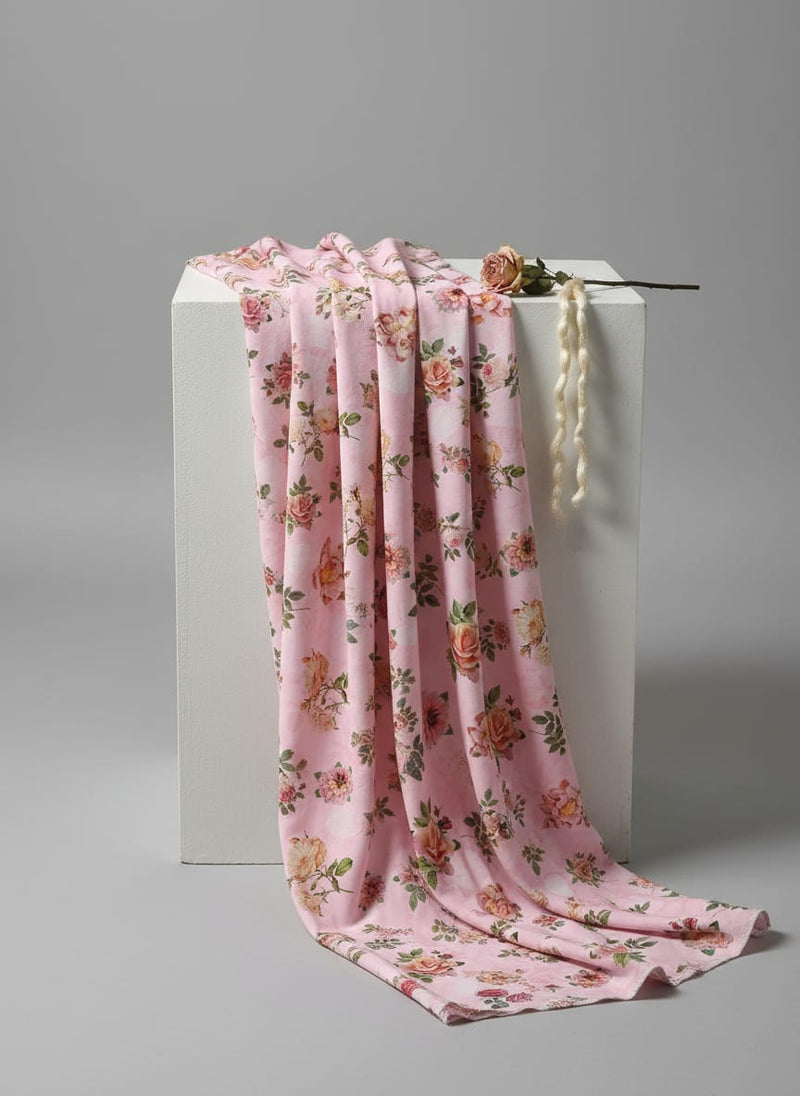 Pink And Peach Roses Allover Digital Printed Fabric - Pure Cotton