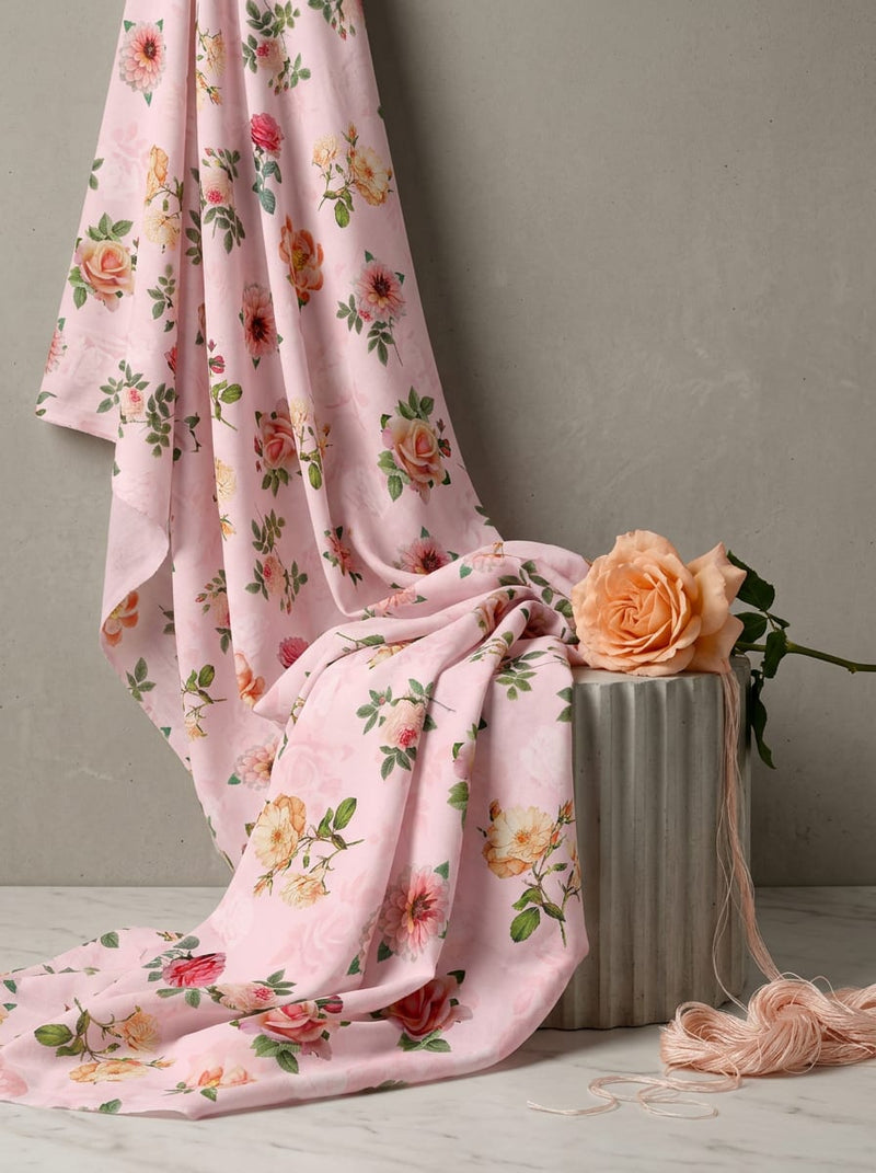 Pink English Rose Garden Floral Pure Muslin Digital Printed Fabric