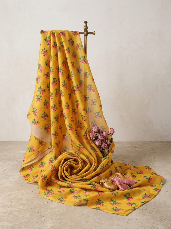 Yellow Small Vintage Rose Floral Kora Silk Digital Printed Fabric - Fabric Editorial Studio Flatlay Lookbook - KS-0-TA05637-110