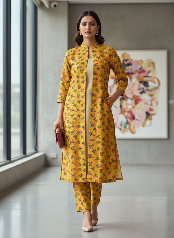 Pink Tiny Flower With Yellow Digital Printed Fabric - Kora Silk - Jacket Kurta with Straight Pants Lookbook - KS-0-TA05637-110 - alternate view