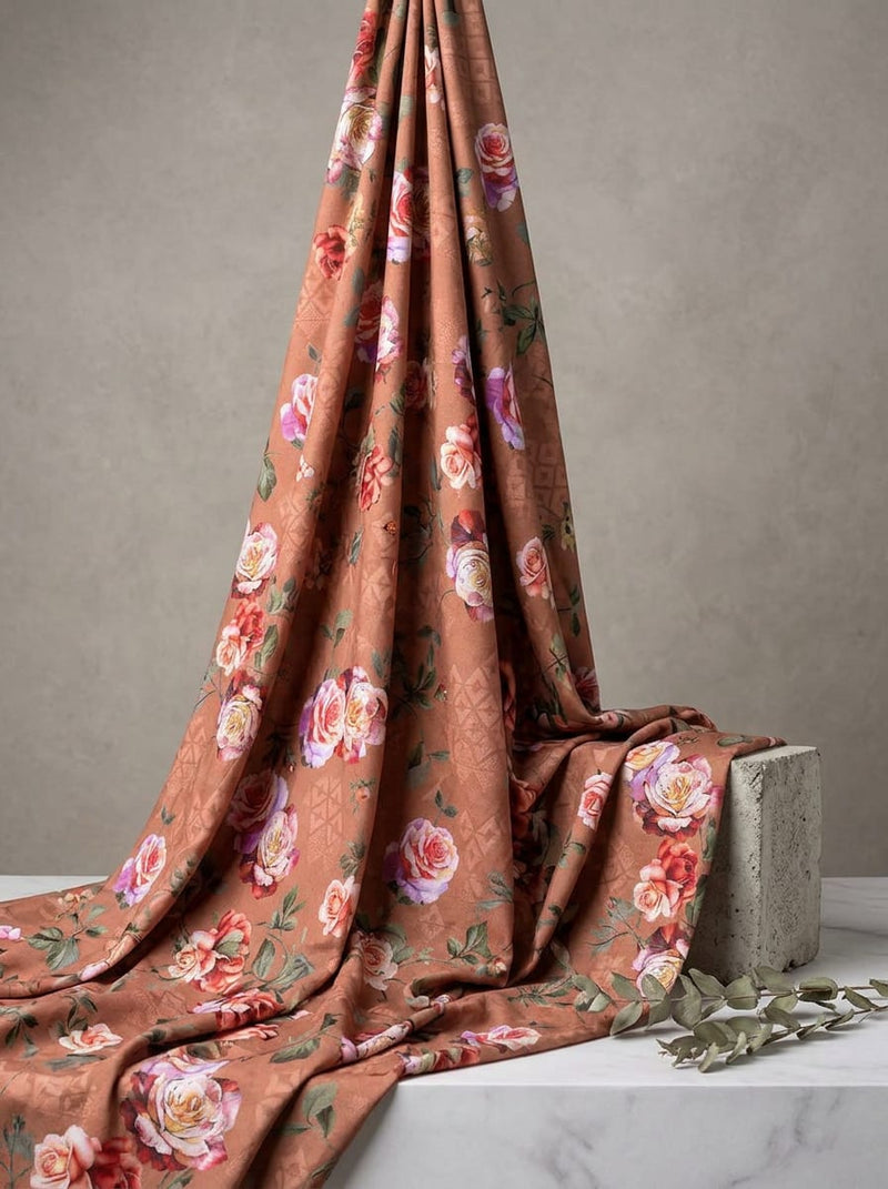 Brown Vintage Rose Floral and Geometric Muslin Digital Printed Fabric