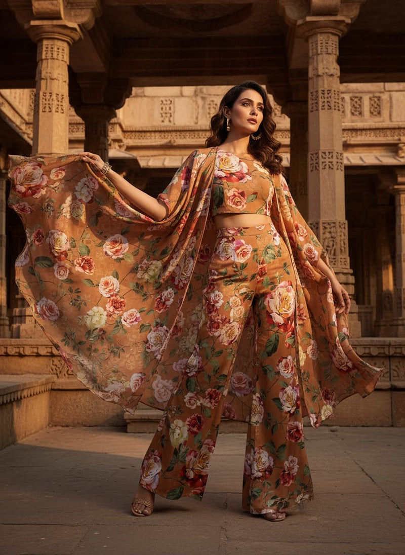 Oil Painted Flowers On Brown Digital Printed Fabric - Crepe