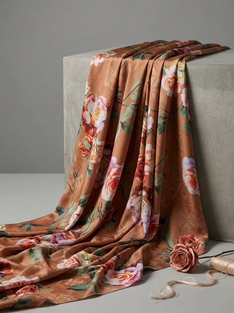 Multicolor Vintage Floral and Geometric Print Silk Crepe Digital Printed Fabric
