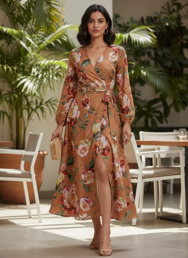 Oil Painted Flowers On Brown Digital Printed Fabric - Crepe - Wrap Dress Lookbook - CR-0-TA05665P2-110 - alternate view