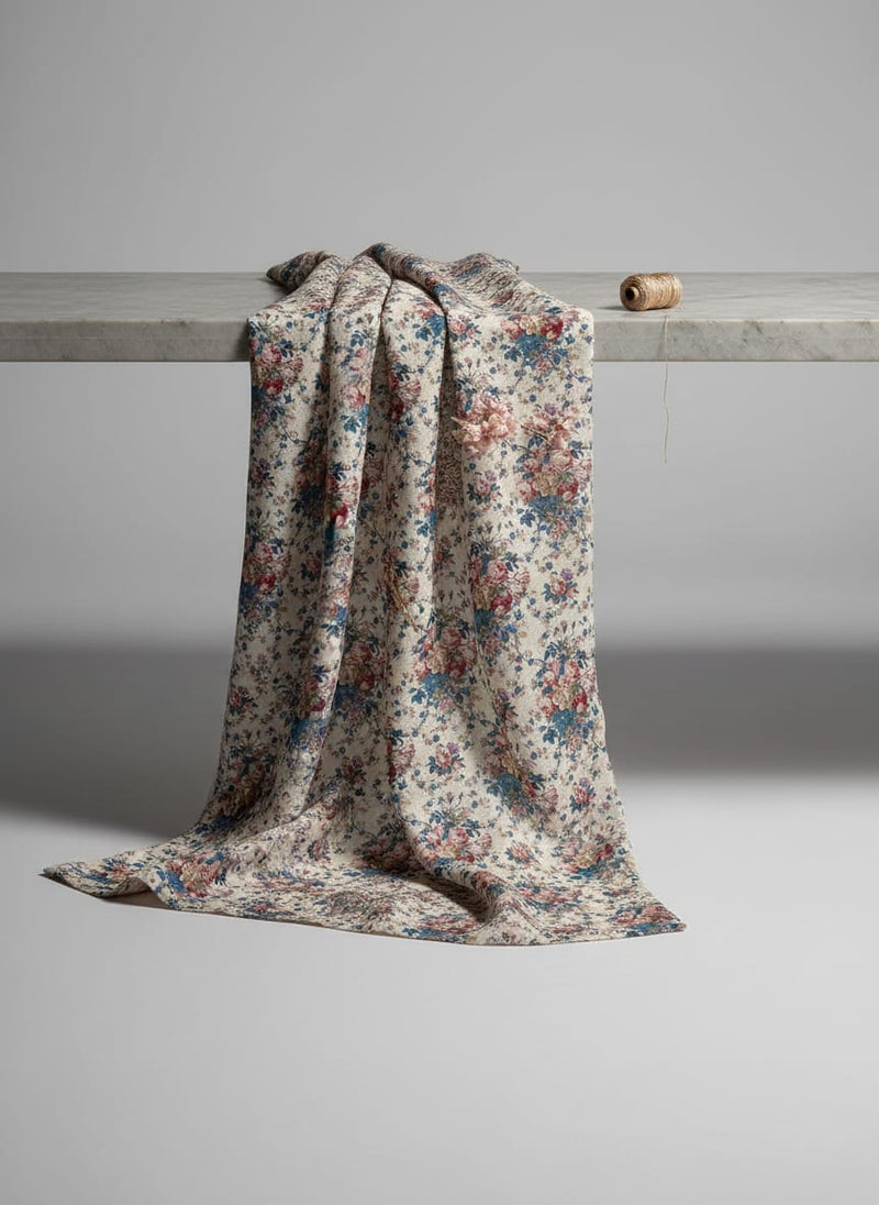 Beautiful Ditsy Flowers On Blue Digital Printed Fabric - Kora Silk